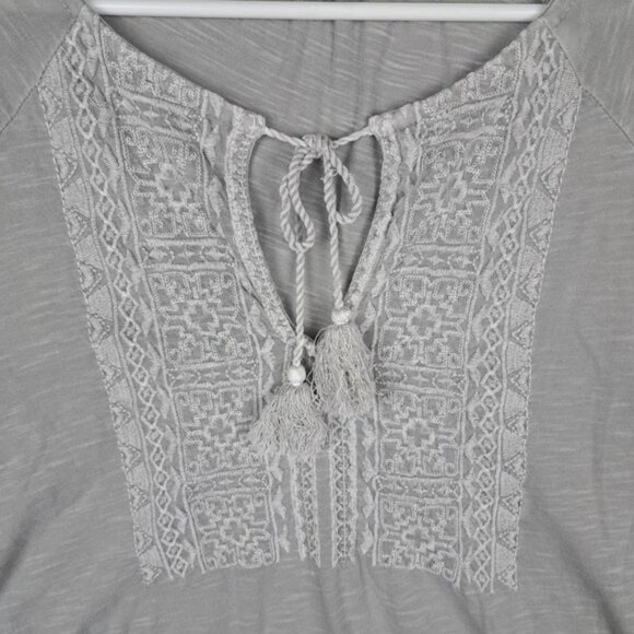 Lucky Brand Women's Small Peasant Blouse Tassle Tie Embroidered Grey - Picture 3 of 9